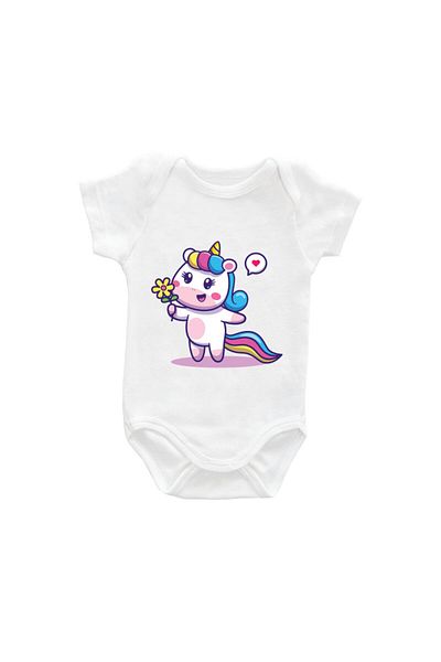 Printisimi Body bebelus "Unicorn cu floricica", Alb, Bumbac