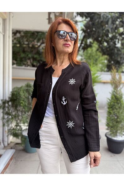 DenizEge Cămașă de muselină cu ancora neagră