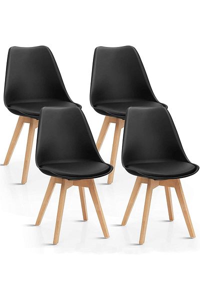 AWF AL WADI FURNITURE Eamy Set of 4 Black Tulip Design Mid Century Modern Upholstered Dining Chairs Black & Beech