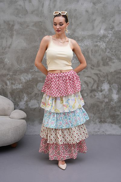 Marjinal Layered Colorful Patterned Long Skirt