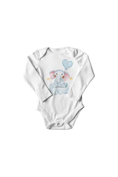 Printisimi Body bebelus "Elefant cu balon", Alb, Bumbac