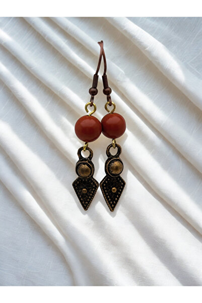 ayrestyle Bohemian Authentic Dangle Hook Earrings with Jasper Natural Stone - Arrowhead Motif, Dark Copper Color, 5cm