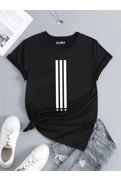 qubo sportswear & company Tricou negru cu mânecă scurtă, unisex, din bumbac, cu imprimeu supradimensionat