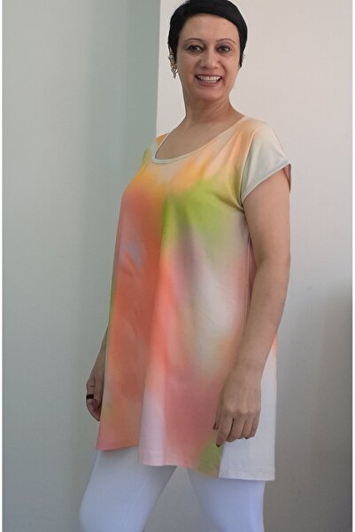 Mertcan Butik Multi-Colored Tie-Dye Patterned Size Whole Coming Low Sleeve Combed Viscose T-Shirt