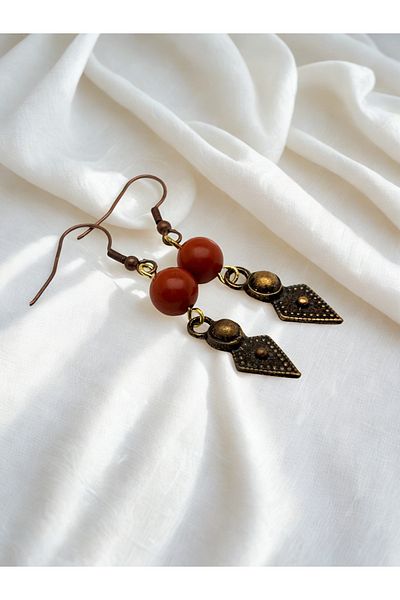 ayrestyle Bohemian Authentic Dangle Hook Earrings with Jasper Natural Stone - Arrowhead Motif, Dark Copper Color, 5cm