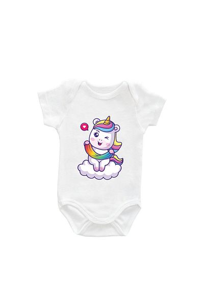 Printisimi Body bebelus "Unicorn pe norisor", Alb, Bumbac