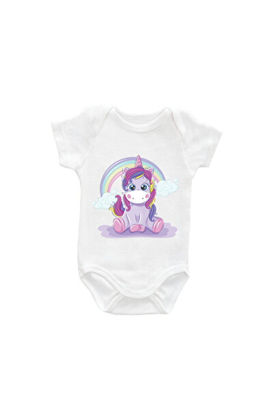 Printisimi Baby Bodysuit "Rainbow and Unicorn", White, Cotton