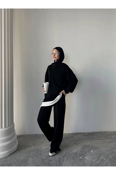 sportiness Σετ φόρμας oversize από ύφασμα με δύο κλωστές με γαρνιρισμένο λουράκι και λεπτομέρεια σχισμής