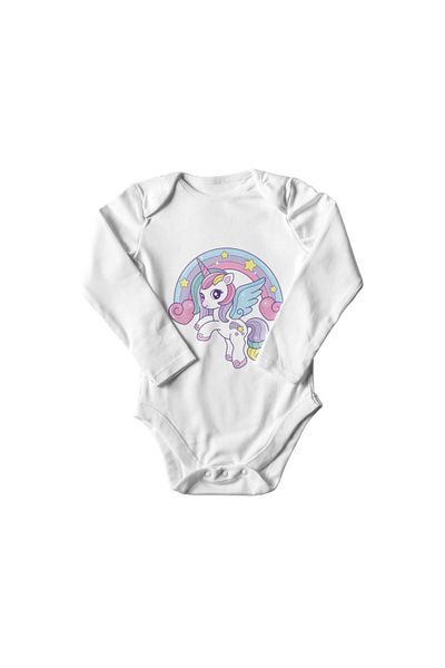 Printisimi Body bebelus "Unicorn si curcubeu", Alb, Bumbac