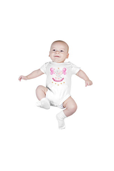 Printisimi Customizable baby bodysuit with name "Elephant with balloons", Whi...