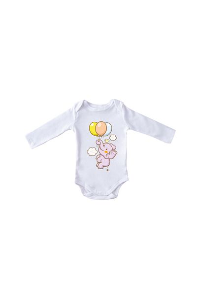 Printisimi Body bebelus "Elefant cu baloane", Alb, Bumbac