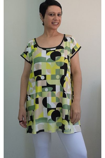 Mertcan Butik Whole Coming Low Sleeve Combed Viscose T-Shirt with White Yellow Green Black Pattern Size