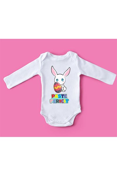 Printisimi Body personalizat bebelus "PASTE FERICIT BEBE IEPURAS", Alb, Bumbac