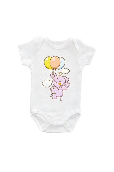 Printisimi Body bebelus "Elefant cu baloane", Alb, Bumbac
