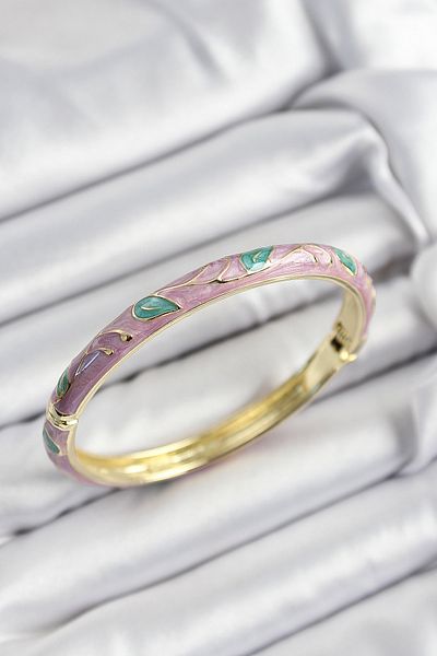 Clariss Mineli Brass Pink and Green Leaf Motif Gold Color Women's Handcuffs