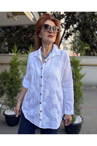 DenizEge Πουκάμισο με Κέντημα Λευκό