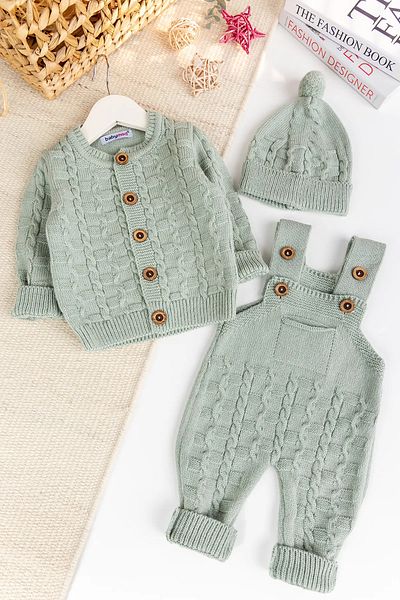 Babymod Knitwear Cardigan 3-Piece Adjustable Strap Knitted Baby Boy Salopet Jumpsuit Set