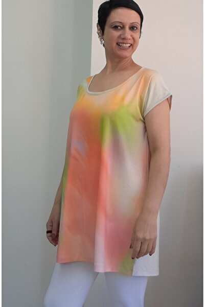 Mertcan Butik Multi-Colored Tie-Dye Patterned Size Whole Coming Low Sleeve Combed Viscose T-Shirt