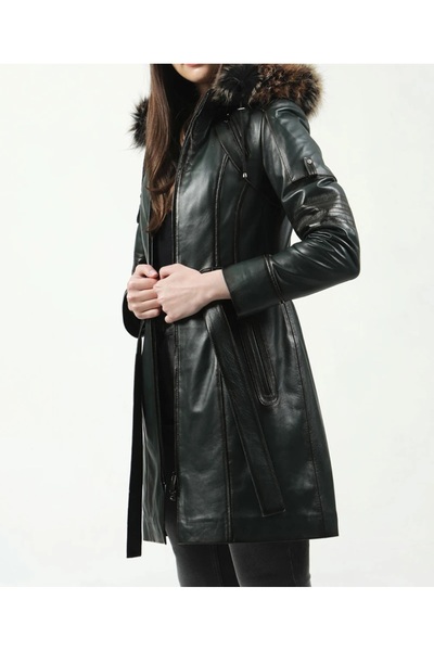 shop Genuine Leather Coat Trench Coat Hooded Real Fur Leather Coat