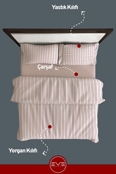 Eve Tekstil طقم غطاء لحاف فاخر مزدوج مخطط من الساتان مقاس 200 × 200 سم