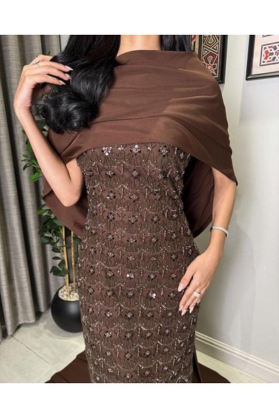 toog Brown dress fully embroidered with beads and sequins with a long scarf
