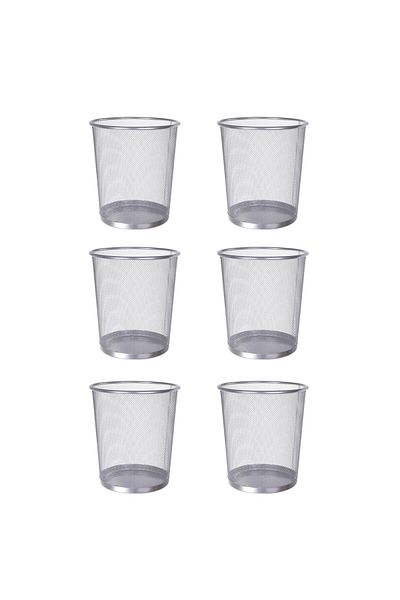 AKC Set Of 6 Mesh Wastebasket Trash Can – Silver & Black Steel Round Bin For Office, Home, Bathroom