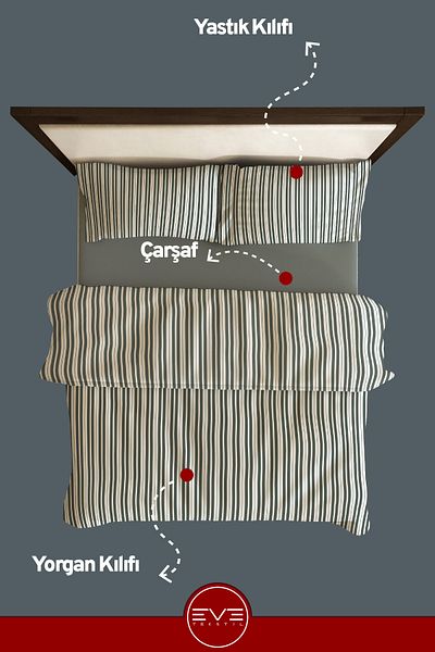 Eve Tekstil طقم غطاء لحاف فاخر مزدوج مخطط من الساتان مقاس 200 × 200 سم