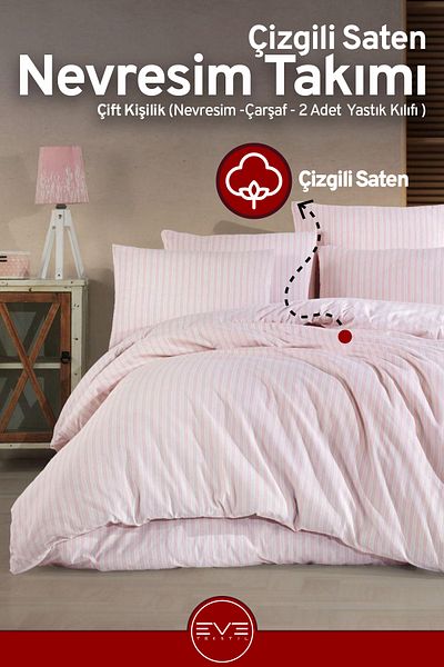 Eve Tekstil طقم غطاء لحاف فاخر مزدوج مخطط من الساتان مقاس 200 × 200 سم
