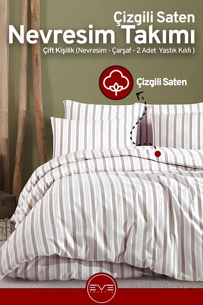 Eve Tekstil طقم غطاء لحاف فاخر مزدوج مخطط من الساتان مقاس 200 × 200 سم