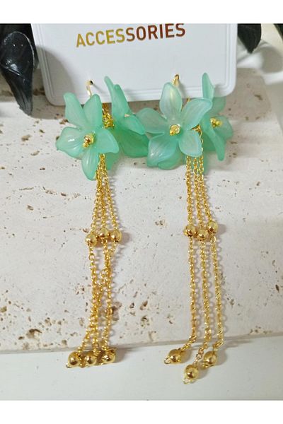 mos&more Green Flower Gold Dangle Long Women's Earrings