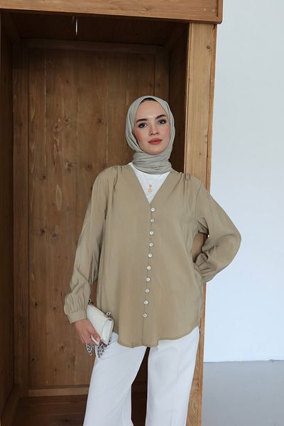 MOONSC Cămașă Hijab cu decolteu în V și detaliu cu nasturi în față, verde mucegai