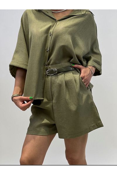 Stil Sepeti Women's Khaki Linen Shirt Double Pleated Belt Mini Shorts Set Drl-1000741024