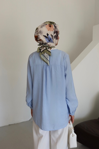 MOONSC Πουκάμισο με λαιμόκοψη V με λεπτομέρεια με κουμπί μπροστά μπλε