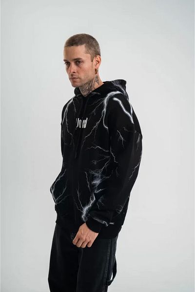 Silerra Double Oversize Hooded Lightning Board Printed Sweatshirt - Black