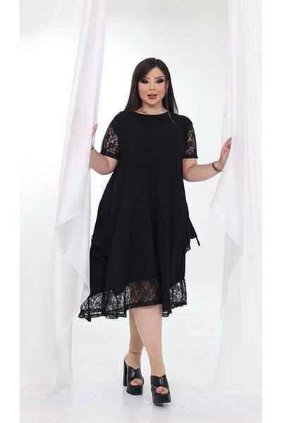 HÜLYA BUTİK Plus Size Women's Black Lace Pocket Dress