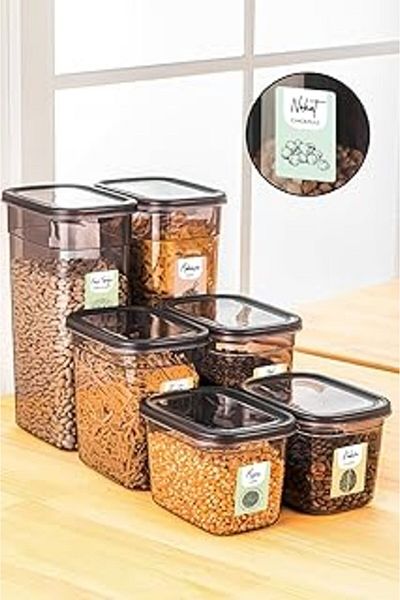 NETWORK ART Set of 6 Peggy Rectangular Storage Containers with Color Labels 2X(1.3-2-3.2 Liters) Anthracite