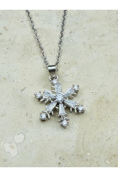 Snartun Silver Snowflake Detailed Movable Steel Necklace with Zircon Stone I Special Box