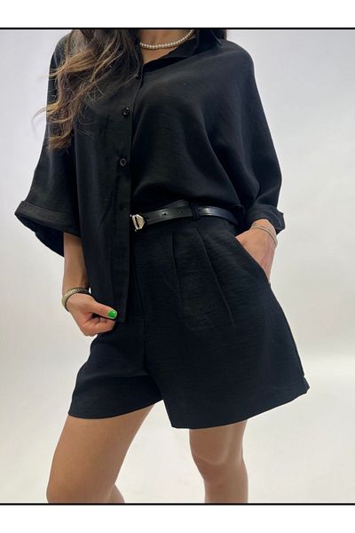 Stil Sepeti Women's Black Linen Shirt Double Pleated Belt Mini Shorts Set Drl-1000741024