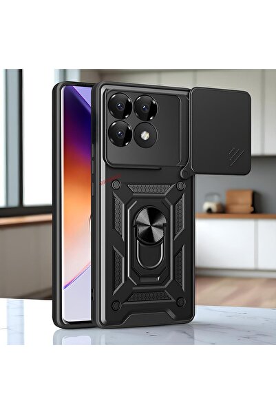 Hatreds Xiaomi Poco F6 Pro Kılıf Magnetik Standlı Sürgülü Kamera Korumalı TPU...