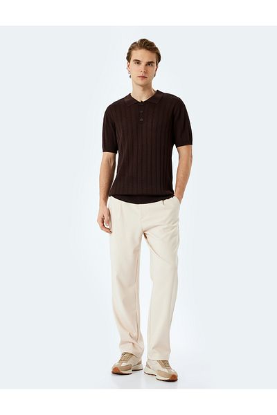 Koton New Season Polo Neck Button Detailed Viscose Blended Textured Short Sleeve Knitwear T-Shirt