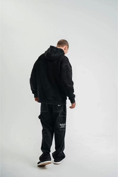 Silerra Hooded Double Oversize Washable Eval Embroidered Sweatshirt - Black