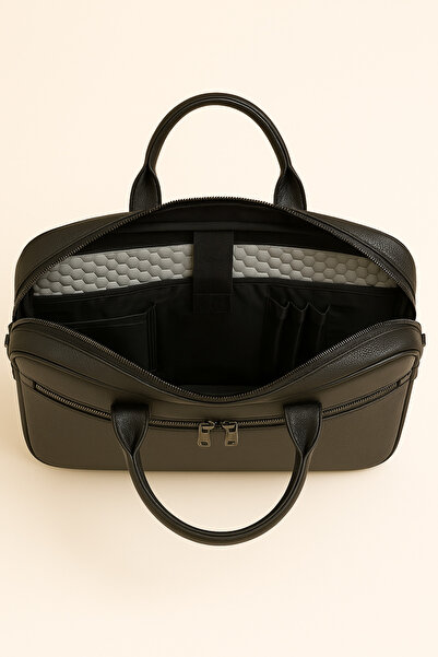 Çantachım حقيبة كمبيوتر محمول جلدية مقاس 15.6 بوصة مع حجرة وثيقة باللون الأسود