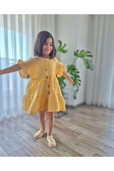 BALKABAĞI Natural Double Layer Muslin Girl's Summer Ruffle Sleeve Dress (Mtyk0062)