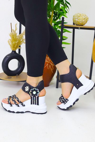 OBAY LİFE Women's Black White Braided 10 cm Hidden Heel Sandals Nbr3076