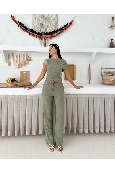 Butik Beyza One Shoulder Open Blouse Pants Double Suit