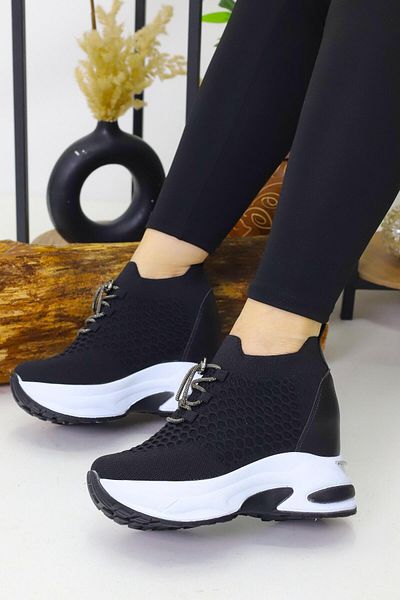 Weynes Women's Black White Knitwear Lace-Up 10 cm Hidden Heel Sports Shoes Wsb4086