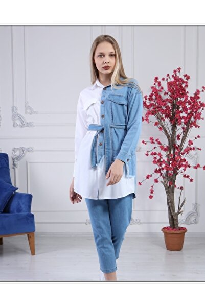 ekshe Kadın Denim Detaylı Beyaz Gömlek