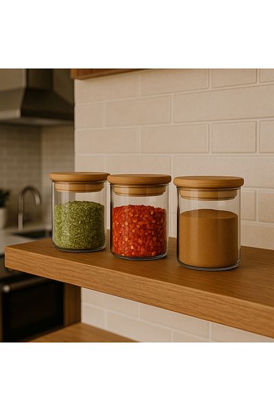 CİHO 3Pcs Glass Round Storage Jar Set with Bamboo Lid Kitchen Storage Jar 500ml