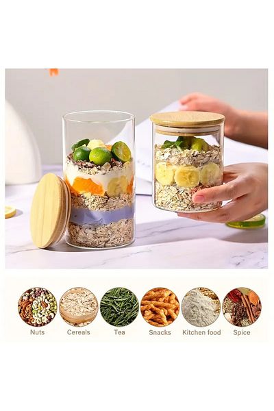 CİHO 6Pcs Glass Round Storage Jar Set with Bamboo Lid Kitchen Storage Jar 500ml