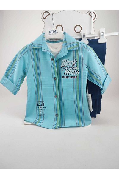 GAMZEAKKUŞ Long Sleeve Stripe Pattern Shirt, Printed T-Shirt and Pants 3-Piece Boy's Set
